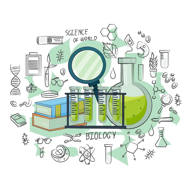 Doodle koncepcji nauk biologicznych z sprzętem laboratoryjnym i książkami Ilustracja wektorowa na białym tle temat edukacyjny Ilustracji wektorowej