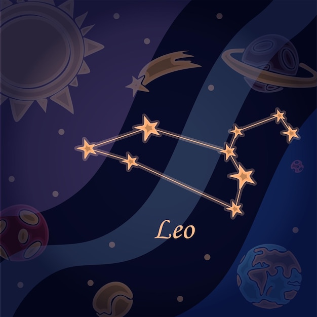 Plik wektorowy doodle konstelacji lwa symbol znaków zodiaku ilustracja wektorowa astrologii i astronomii. horoskopy jasne gwiazdy na tle kosmosu