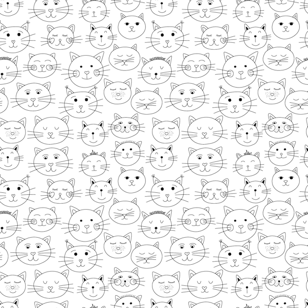 Doodle kot twarze wzór Różne koty wektor wzór