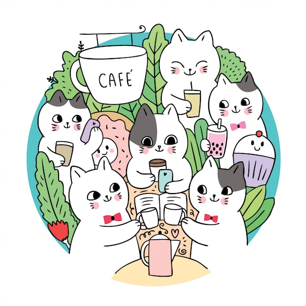 Doodle kreskówek śliczni koty i kawowego okręgu wektor.