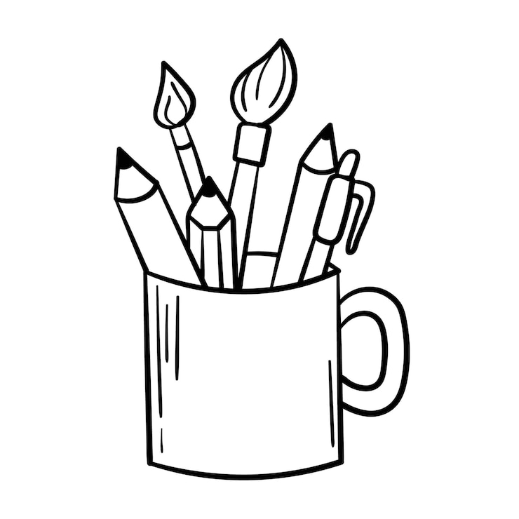Wektor doodle kubek z naklejkami z ołówkami i innymi artykułami piśmiennymi