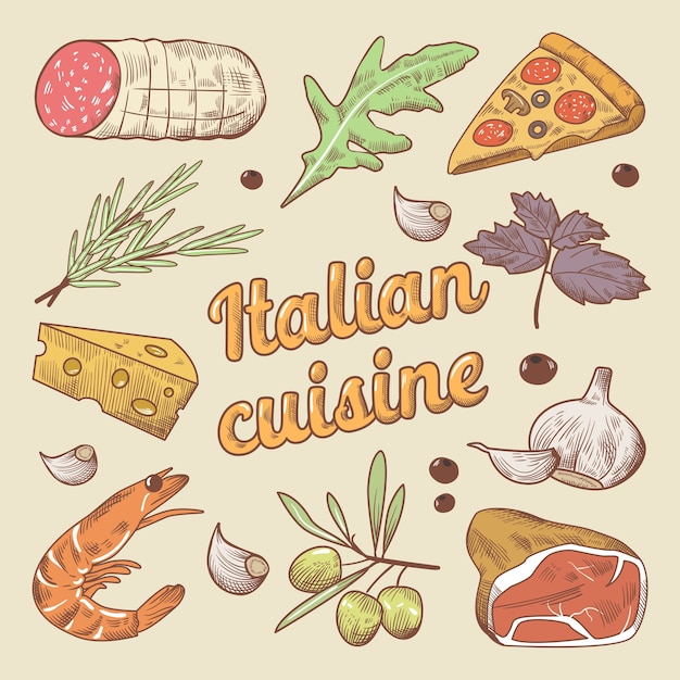 Doodle Kuchni Włoskiej Z Pizzą, Serem I Mięsem