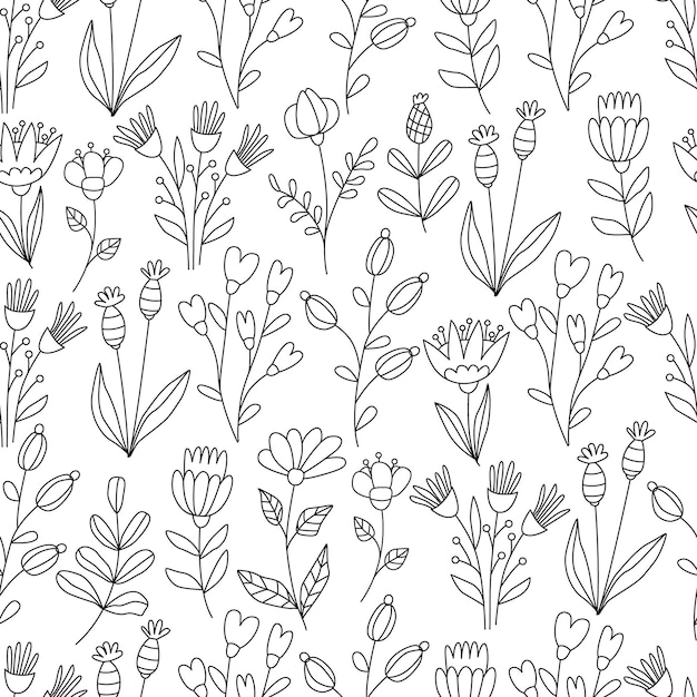 Doodle kwiatowy bezszwowy wzór z fantazyjnymi kwiatami ręcznie narysowany ilustracja izolowany czarny kontur