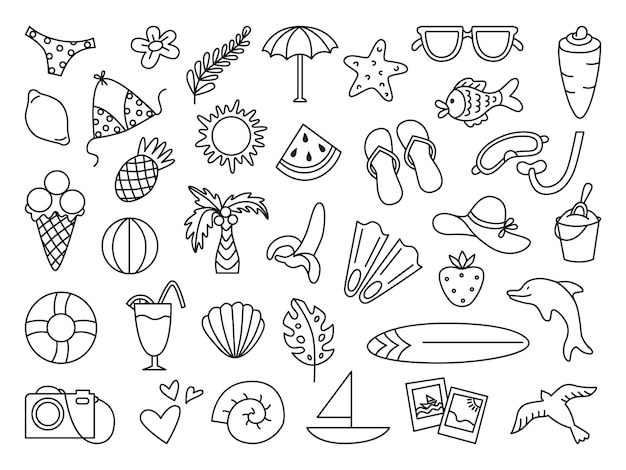 Doodle letnie ikony Ręcznie narysowane elementy letnich sezonów Wakacje na plaży lub podróż palmowe koktajle owoce Turystyka neoteryczny zestaw wektorowy