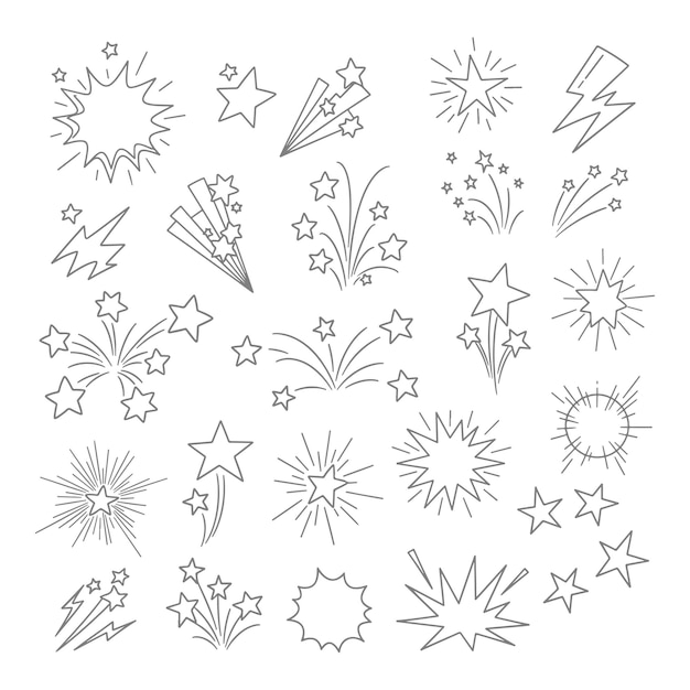Doodle Line Sparkle Vector Set z ręcznie narysowanymi komiksami Bursts Shining Stars Explosions Fireworks Eff