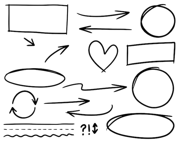 Doodle linie, strzałki, okręgi i krzywe vector.hand rysowane elementy projektu na białym tle na infografikę. ilustracji wektorowych.