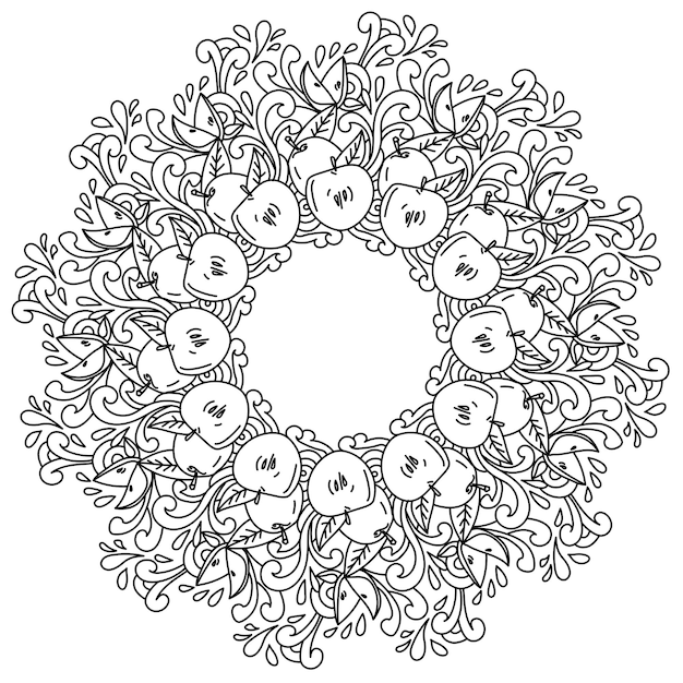 Doodle Mandala Z Owocami I Abstrakcyjnymi Wzorami Jabłko W Całości I Na Pół W Ramce Konturowej