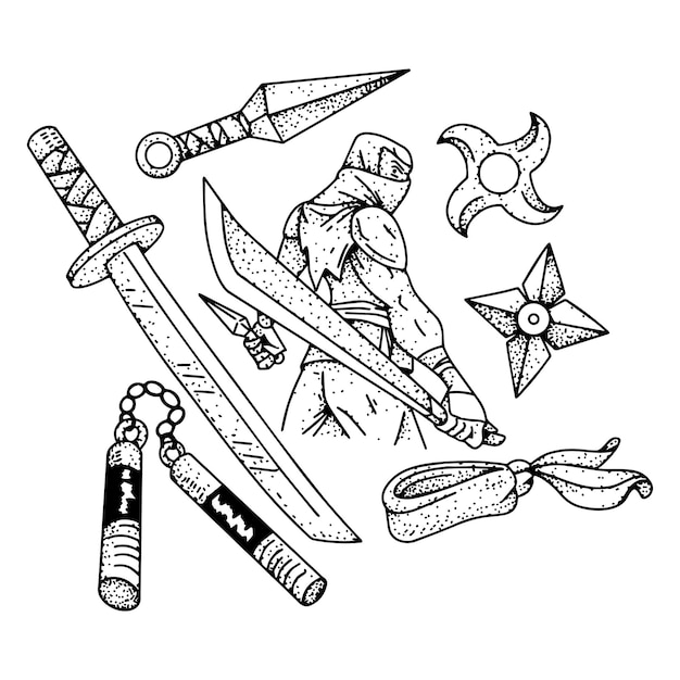 Doodle miecz samurajski element sztuki linii clipart