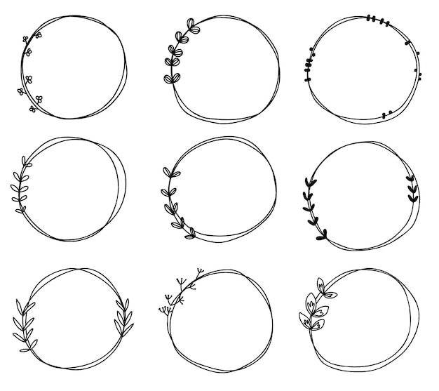 Doodle Na Białym Tle Kolekcja Ramek Ręcznie Rysowane śliczne Okrągłe Linie Z Liśćmi Na ślub Walentynki