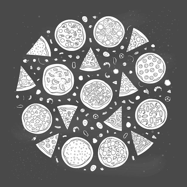 Plik wektorowy doodle pizza z napisem w kółku