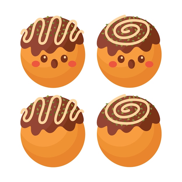 Doodle płaski clipart. Śliczne takoyaki, azjatyckie jedzenie uliczne. Wszystkie obiekty są odmalowane.