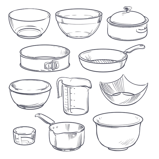Doodle plastikowe i szklane miski, garnek i patelnię. Vintage ręcznie rysowane wektor naczynia na białym tle
