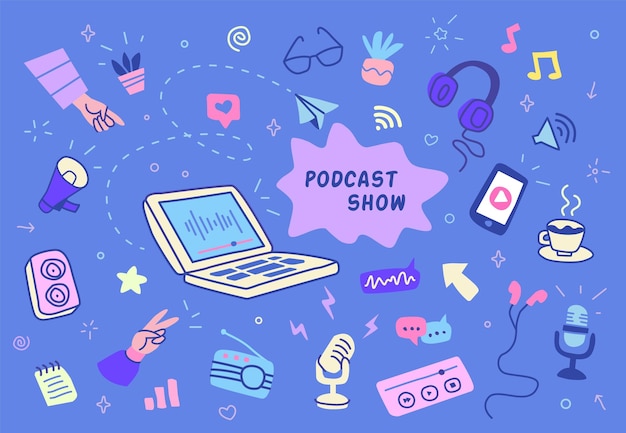 Doodle podcast audio podcasters sprzęt nadawanie reklama projekt zawartość słuchawki laptop kawa mikrofon radio muzyka equiliser studio nagrań elegancki wektor ilustracja