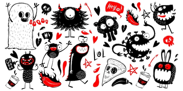 Doodle potwory znaków na białym tle