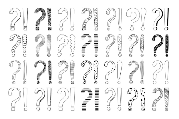 Doodle pytanie i znaki wykrzyku ręcznie narysowany szkic wektorowy zestaw ilustracji