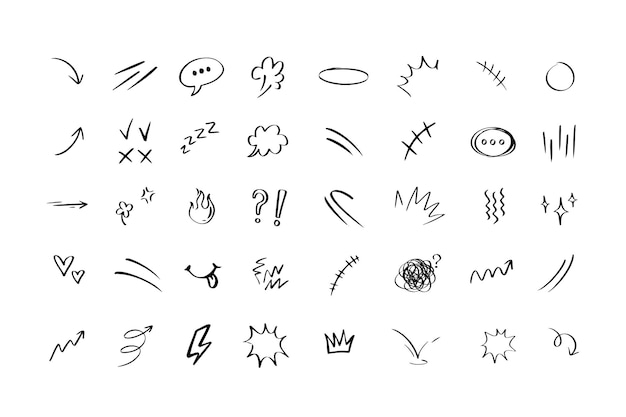 Doodle ręcznie narysowany uroczy znak ekspresji kreskówki Linia krzywa strzały elementy emotikon symbole
