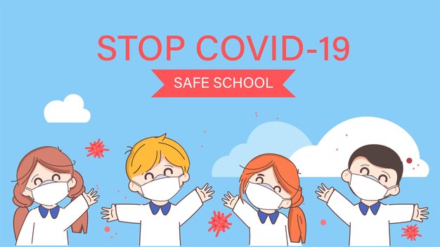 Doodle ręcznie rysowane kreskówka uczeń z powrotem do szkoły i bezpiecznej szkoły w masce na twarz, stop covid19