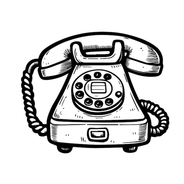 Doodle Retro Telefon Kreskówka Ilustracja Wektorowa Czarno-biała