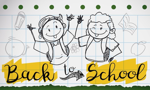 Plik wektorowy doodle rysunki z szczęśliwymi dziećmi świętującymi sezon powrotu do szkoły
