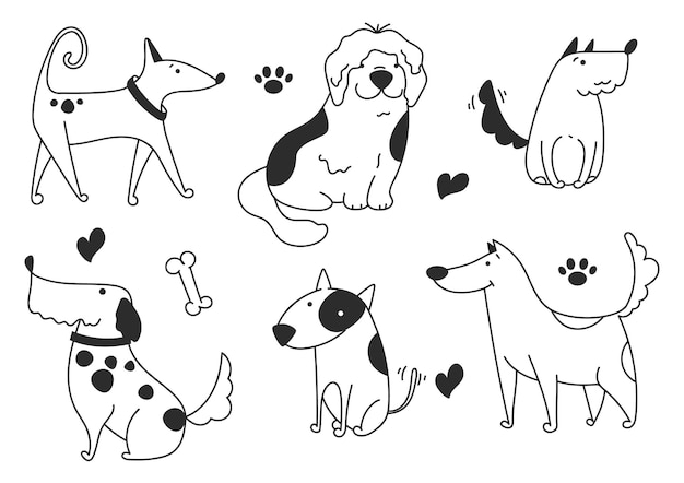 Doodle Sketch Line Art Zwierzęta Psy Postacie Szczenięta Ręcznie Narysowane Izolowany Zestaw
