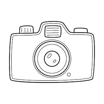 Doodle slr aparatu urządzenie fotograficzne z zoomem i lampą błyskową symbol przygody podróży zarys czarno-biały ilustracja wektorowa na białym tle