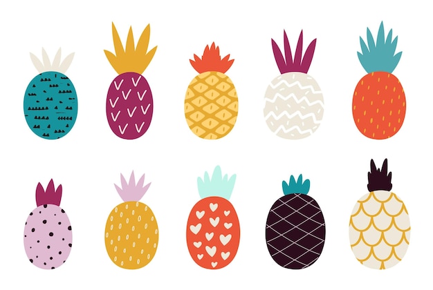 Doodle Streszczenie Ananas. Kolorowe Ananasy, Nadruk Modnych Owoców. świeże Teksturowane Egzotyczne Jedzenie Rysunek, Na Białym Tle Dekoracyjne Rośliny W Stylu Skandynawskim Kolekcja Wektorów