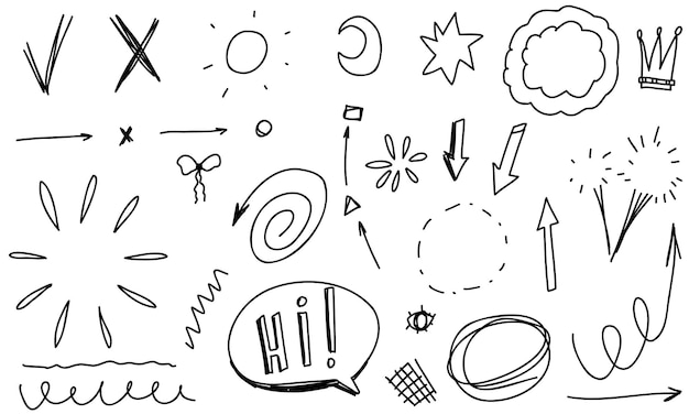 Doodle strzałki linii, rama promieni, korona. Szkic zestaw ładny na białym tle kolekcja dla biura.