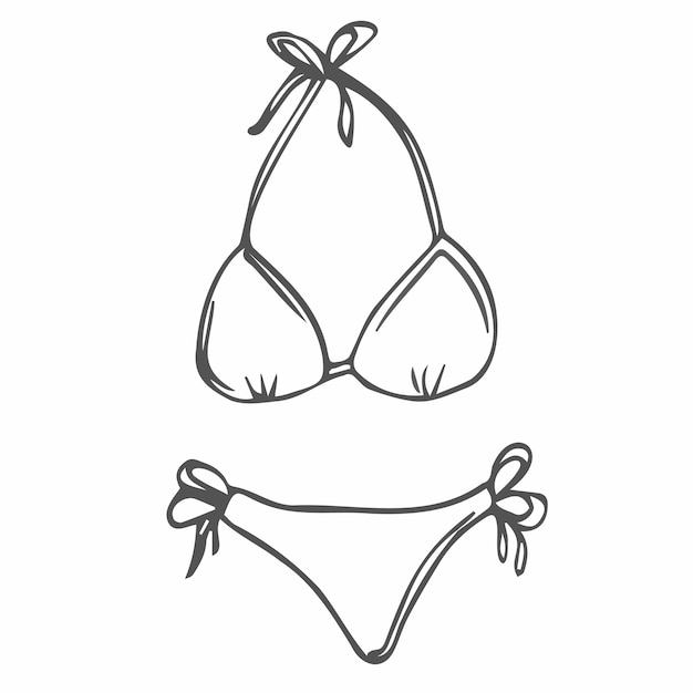 Doodle Szkic Bikini Na Plaży W Wektorze. Ikona Letnich Strojów Kąpielowych Na Białym Tle