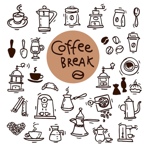 Doodle szkic zestaw ikon kawy. Ręcznie rysowane ilustracje wektorowe. Elementy projektu menu