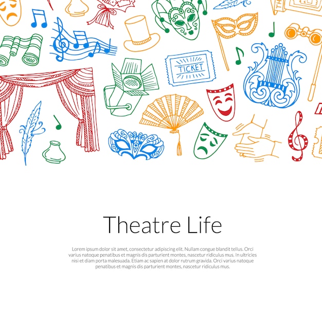 Plik wektorowy doodle teatr elementy ilustracja tło z miejscem na tekst