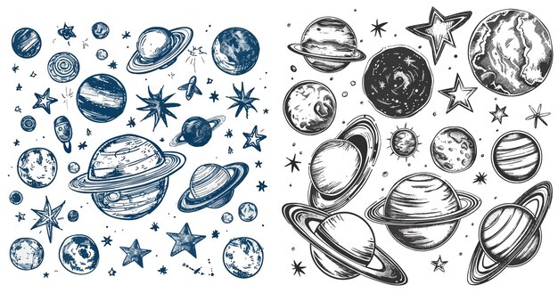 Doodle układu słonecznego Ręcznie narysowane szkice planet