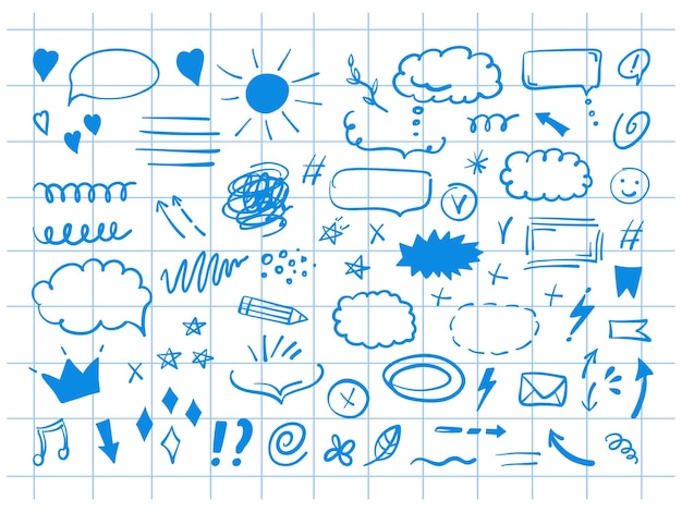 Doodle urocze elementy linii atramentu izolowane na tle szachowanego arkusza notatnika