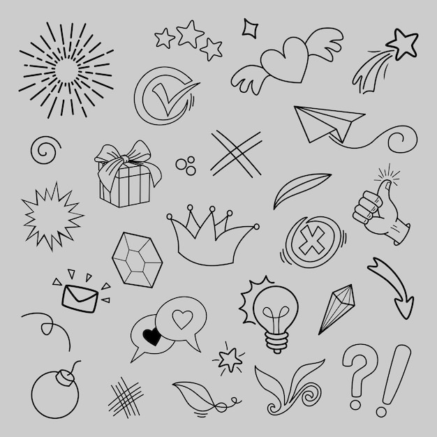Doodle wektor zestaw ilustracji z ręcznie rysowaną linią styl wektor Korona króla słońce strzałka itp