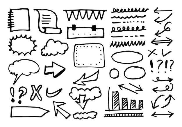 Doodle wektorowe linie i krzywe Ręcznie rysowane znaki linii wyboru i strzałki.