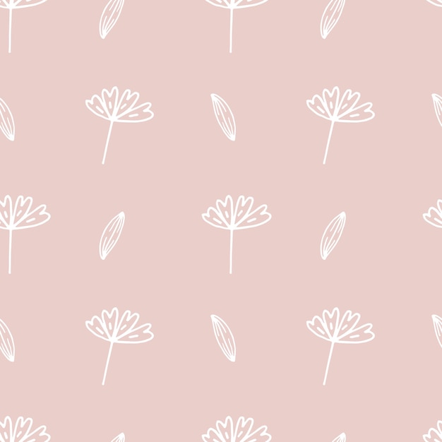 Doodle wzór roślin. Bezszwowe tło. Śliczne abstrakcyjne kwiaty i liście. Minimalistyczny design. Uniwersalna konstrukcja do tekstyliów, papieru cyfrowego, opakowań kosmetyków. Ilustracja wektorowa, ręcznie rysowane