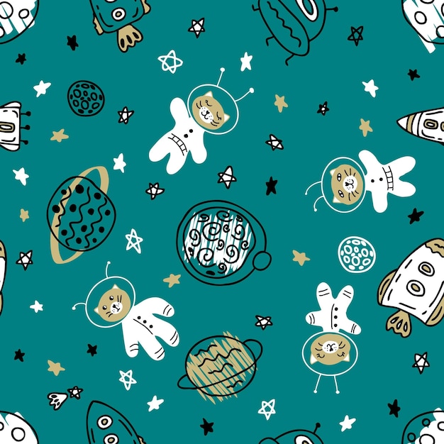 Doodle wzór z kotami astronautami odkrywania wszechświata idealny do tekstyliów Tshirt i druku Ręcznie rysowane ilustracji wektorowych do wystroju i projektowania
