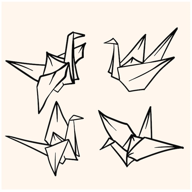 Plik wektorowy doodle z papierowych ptaków origami w stylu ilustracji doodle i line art