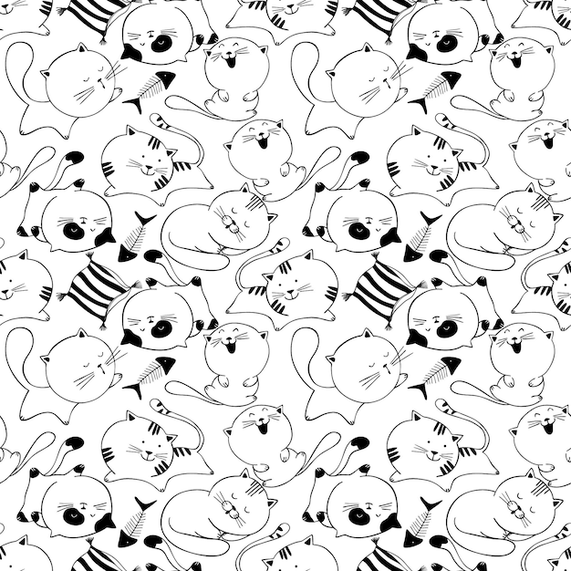 Plik wektorowy doodle zabawny wzór koty. czarne koty znaków. wzór tkaniny dla dziecinnych kotów