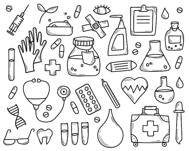 Plik wektorowy doodle zestaw elementów wyciągnąć rękę medyczne.