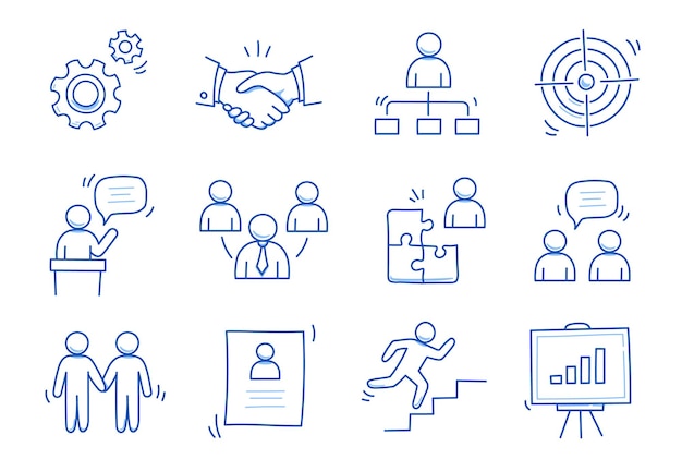 Doodle zestaw ikon biznesowych Doodle pracy zespołowej ludzie społeczność biuro człowiek grupa praca koncepcja cel rozmowa człowiek uścisk dłoni element ręcznie rysowane szkic styl wektor