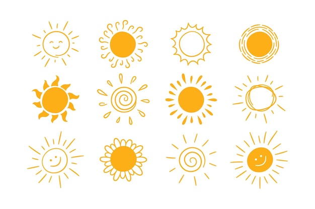 Doodle zestaw ikon różnych słońca Bazgroły żółte słońce z symbolami promieni Doodle dzieci rysunki kolekcji Ręcznie rysowane wybuch Hot pogoda znak wektor ilustracja na białym tle