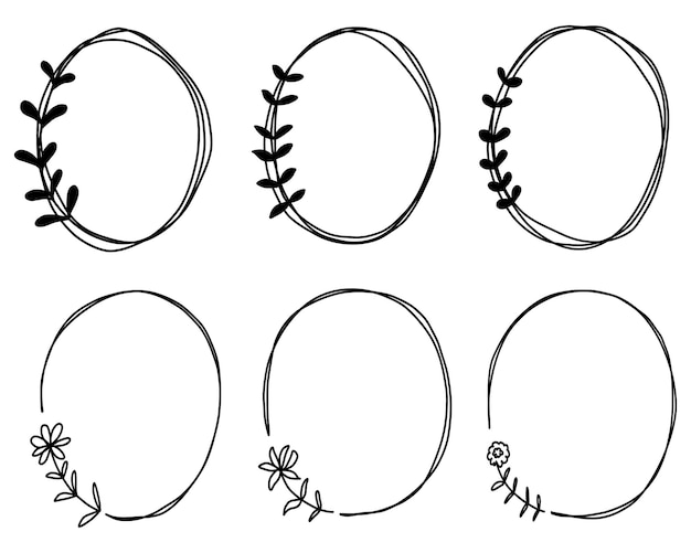 Doodle Zestaw Ramek Ręcznie Rysowane Okrągłe Linie Z Liśćmi Kwiatów Na Walentynkowy ślub