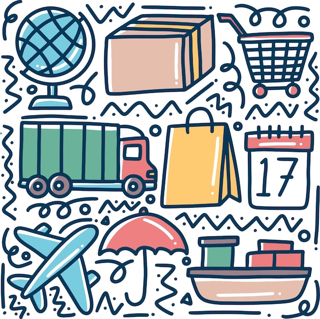 Doodle zestaw ręcznie rysowane dostawy i wysyłki zakupów online z ikonami i elementami projektu