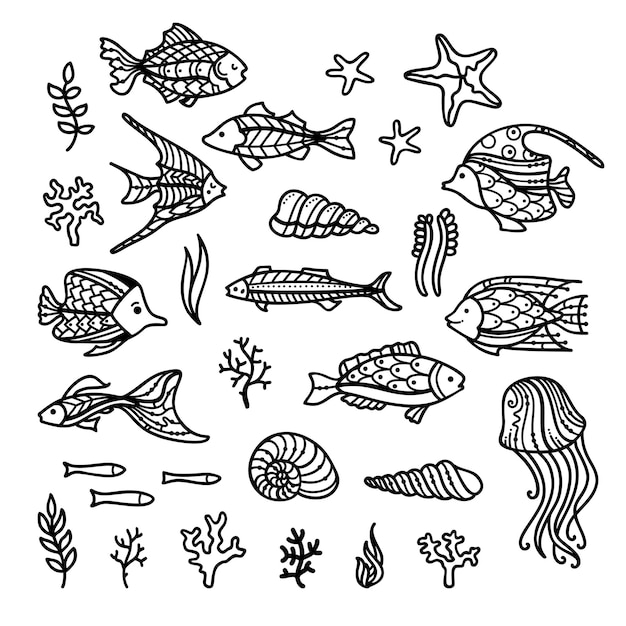 Plik wektorowy doodle zestaw ryb morskich roślin glonów muszli rozgwiazdy i meduzy