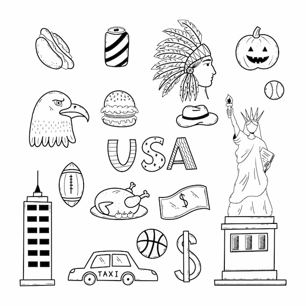 Plik wektorowy doodle zestaw usa symbole narodowe ameryki statua wolności w nowym jorku ręcznie rysowane szkic