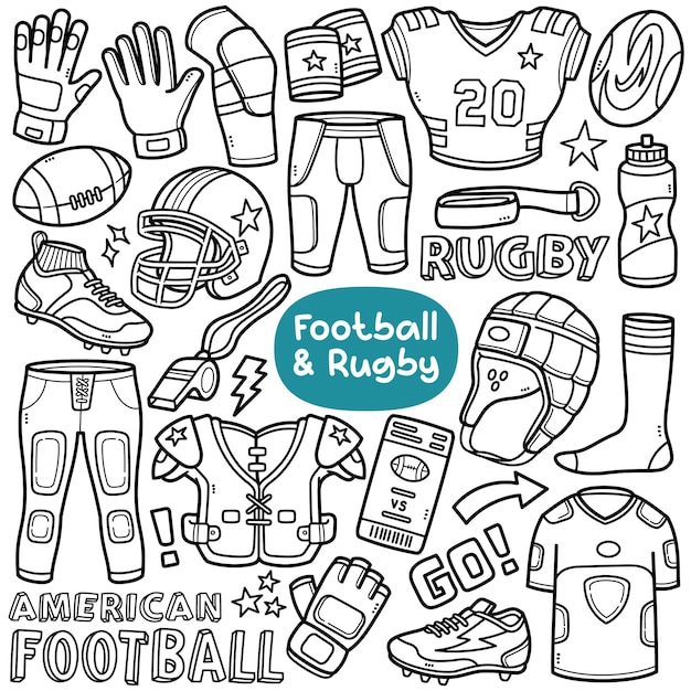 Plik wektorowy doodle zestaw wektorowy sprzęt i obiekty związane z piłką nożną i rugby, takie jak knagi z dżerseju itp