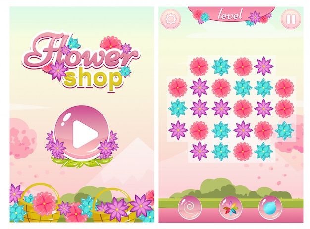 Plik wektorowy dopasuj grę three flower shop z ekranem startowym