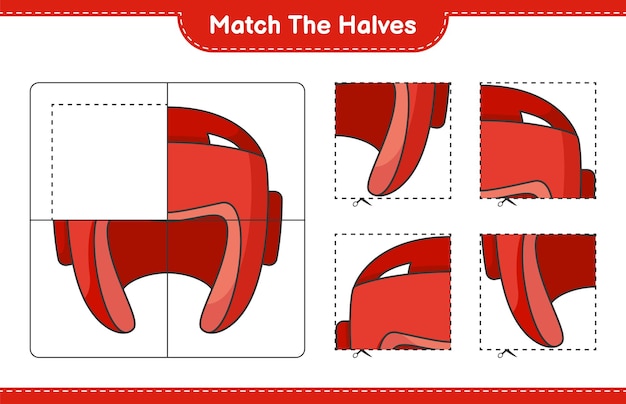 Dopasuj Połówki. Dopasuj Połówki Kasku Bokserskiego. Gra Edukacyjna Dla Dzieci, Arkusz Do Druku, Ilustracja Wektorowa