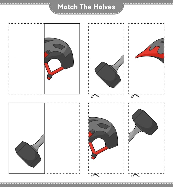 Dopasuj Połówki. Dopasuj Połówki Kasku Rowerowego I Hantli. Gra Edukacyjna Dla Dzieci, Arkusz Do Druku, Ilustracja Wektorowa