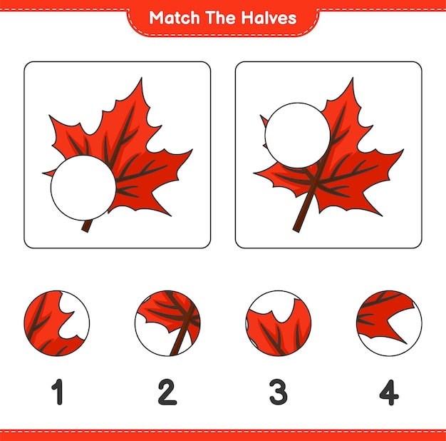 Dopasuj Połówki. Dopasuj Połówki Maple Leaf. Gra Edukacyjna Dla Dzieci, Arkusz Do Druku, Ilustracja Wektorowa